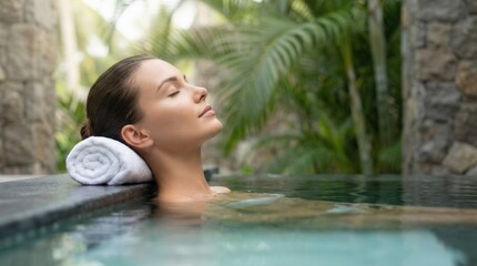 Fototapeta premium Beautiful caucasian woman relaxing peacefully on a rolled towel in a tropical outdoor spa pool representing wellness and luxury resort concept.
