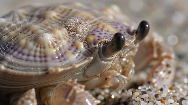Close-up Macro Shot of a Ghost Crab on Sandy Beach, Eyes Peeking Out