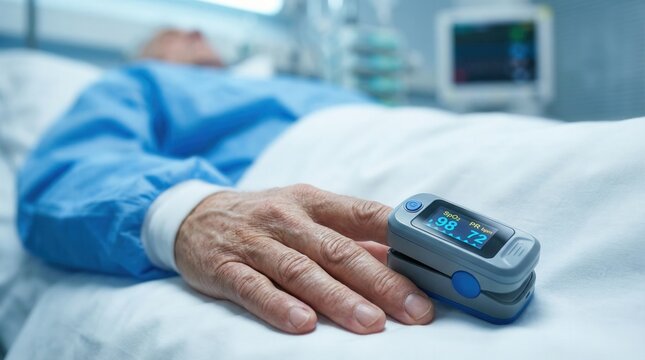 Senior patient's hand with pulse oximeter monitoring vital signs in an intensive care hospital room with copy space for medical and healthcare concept.