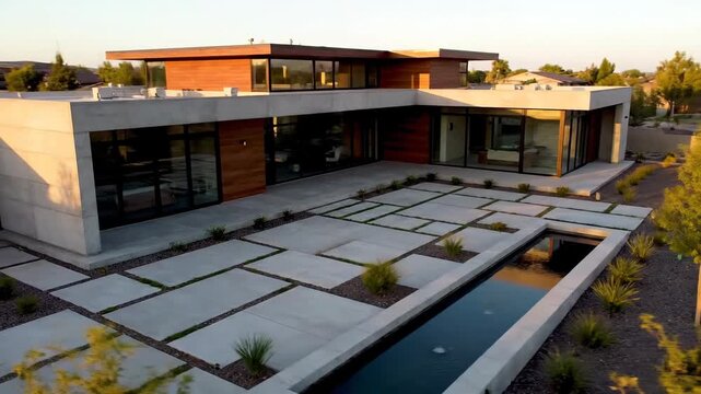 Modern home exterior with contemporary landscaping and water feature
