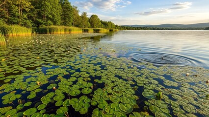 Lush Green Lily Pads Floating on a Serene Lake at Sunset.