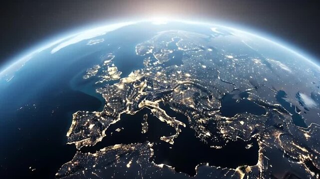 An awe-inspiring simulation of Earth from a high orbital perspective, prominently featuring a vast continental landmass illuminated by countless sparkling city lights at night. A luminous sunrise effe