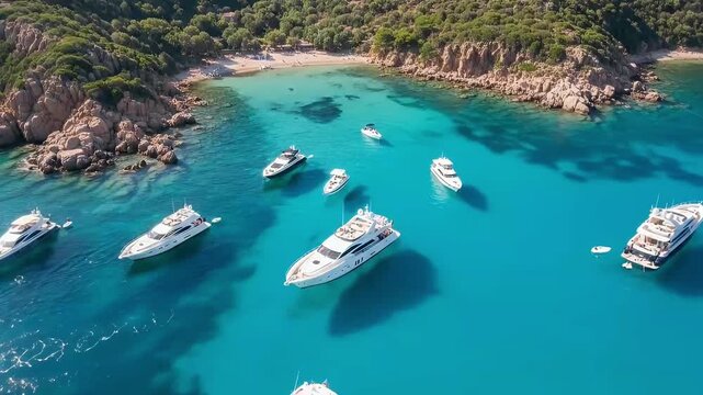 An breathtaking aerial perspective showcases a vibrant, sun-drenched bay teeming with an array of luxurious white yachts and elegant private vessels gracefully anchored or gently navigating the crysta