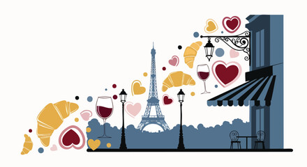 Obraz premium Charming illustration capturing the romantic essence of Paris with its iconic Eiffel Tower, delicious croissants, red wine, and heartwarming symbols of love and travel