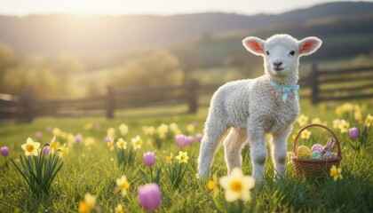 Obraz premium Cute Easter lamb standing in a blooming spring meadow with pastel flowers and a basket of decorated eggs in warm sunlight, symbolizing Easter innocence, renewal, faith, hope, and a peaceful joyful hol