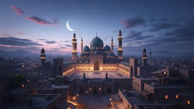 An exquisite aerial view captures a majestic architectural marvel, featuring grand domes and towering minarets, illuminated against a serene twilight sky adorned with a brilliant crescent moon and twi