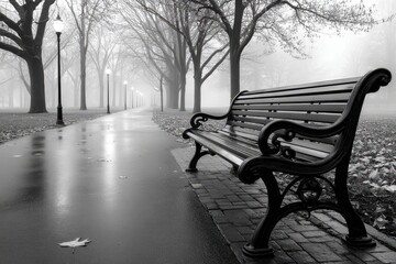 Empty park bench on a foggy morning