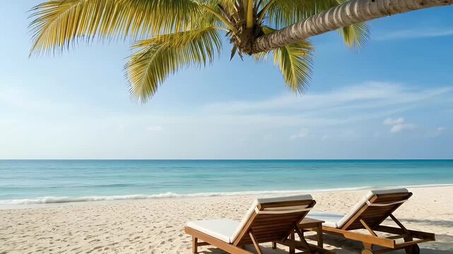 An idyllic and serene tropical beach unfolds under a bright blue sky, featuring pristine white sand meeting crystal-clear turquoise waters where gentle waves softly lap the shore. In the foreground, t