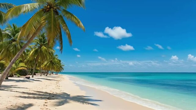 An idyllic tropical paradise unfolds under a brilliant blue sky dotted with fluffy white clouds. Lush green palm trees gracefully sway, casting intricate shadows upon the pristine white sandy beach. T