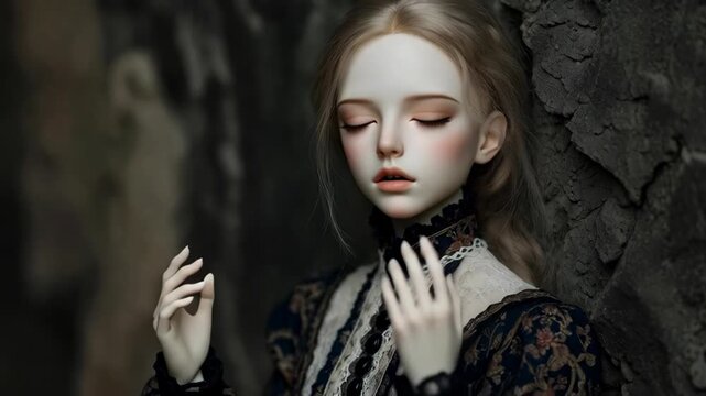 Bjd doll woman leaning against tree trunk, reflecting and looking up, with a sense of internal struggle and hope