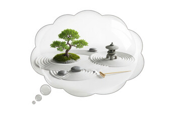 Zen garden thought bubble with tree and lantern