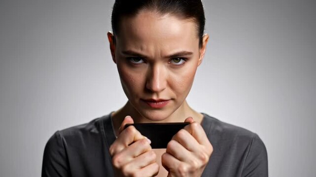 Woman struggling to part with problems, holding a black card tightly while expressing distress and frustration