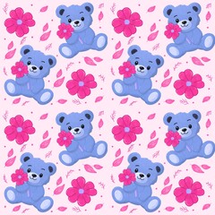 Teddy Bear with Ribbon Bow Pattern background in drawing style. Seamless cards poster Perfect for baby clothes, nursery decor, gift wrap, scrapbooking, and cozy retro textile designs.