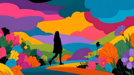 Fototapeta premium Silhouette of Woman Walking Through Colorful Abstract Landscape path Photo
