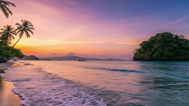 Experience the breathtaking tranquility of a tropical beach at sunset or sunrise, where vibrant hues of orange, pink, purple, and blue paint the sky in a mesmerizing gradient. Gentle waves softly care