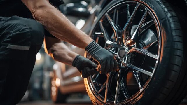 Medium shot of mechanic finetuning vehicle wheels for precise toe adjustment ensuring optimal tire wear and straight driving stability