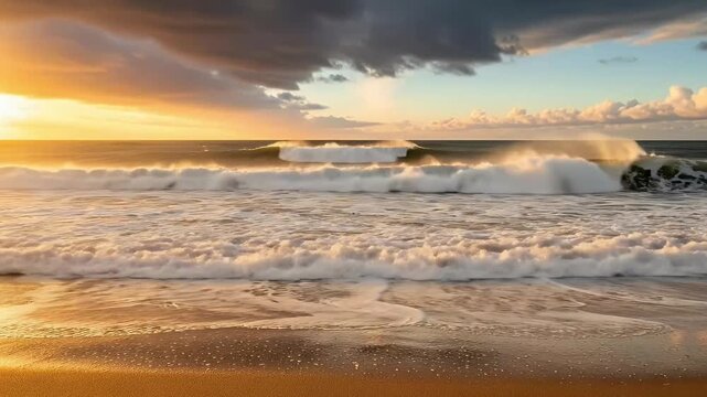 Experience the majestic beauty of ocean waves breaking gently onto a golden sandy beach during a stunning sunset or sunrise. The sky is a dramatic canvas of warm and dark clouds, reflecting soft, ethe