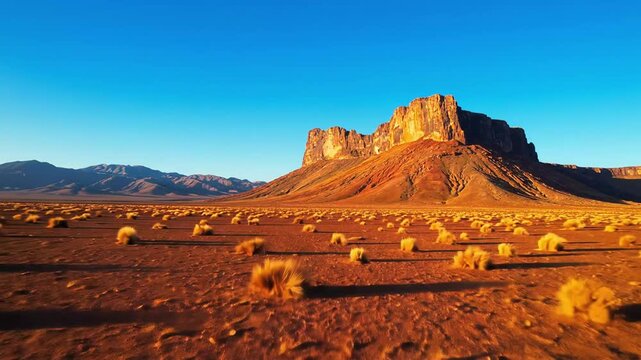 Majestic red rock mountain mesa rising from flat desert plain under blue sky during golden hour sunset landscape view