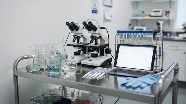 Medium shot of a mobile cart setup in a quality control lab corner with portable microscopes glassware and test samples ready for onthego analysis.