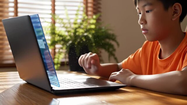 Boy studies on laptop computer at home desk. Child learning online with laptop near window. Student boy typing on computer keyboard. Home learning setup with boy and laptop. Sunlit study space.