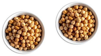 Raw chickpea beans in white bowl isolated on white. Top view.