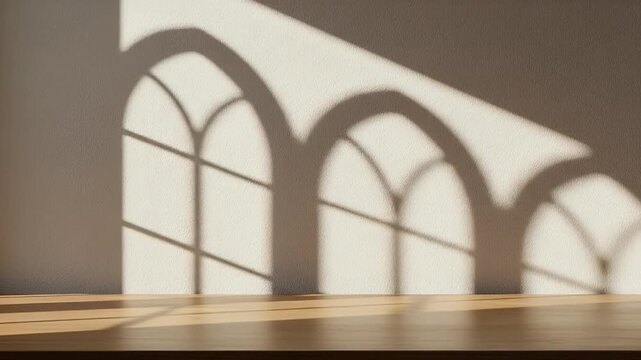 Golden sunlight dramatically casts elegant arched window shadows, complete with intricate grid patterns, onto a textured white wall and a polished wooden floor. This serene, minimalist, and empty inte