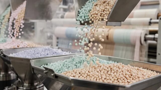 Industrial medium shot capturing pastelcolored masterbatch granules carefully dispensed into extruder hoppers creating soft tinted fabrics with delicate muted tones.