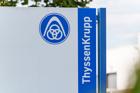 ThyssenKrupp logo outside of an industrial campus in Ratingen