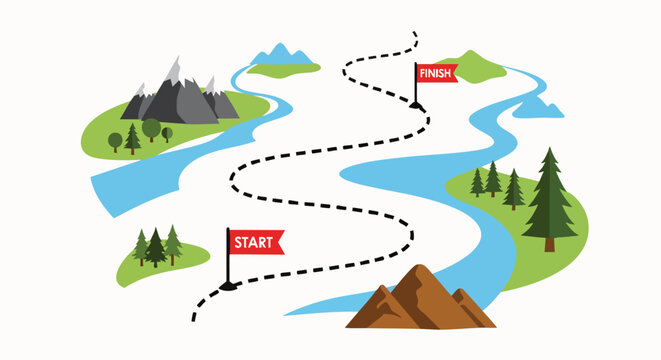 Visualize your strategic progress on a winding mountain trail, mapping an adventurous expedition from the beginning to the ultimate destination of success