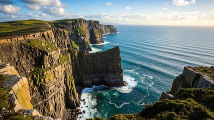 Majestic Cliffs of Moher in Ireland Overlooking the Atlantic Ocean at Sunset.