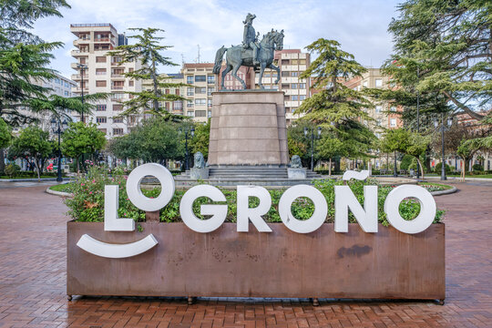 Logrono City Sign at Espolon Square with General Espartero Equestrian Statue, La Rioja, Spain