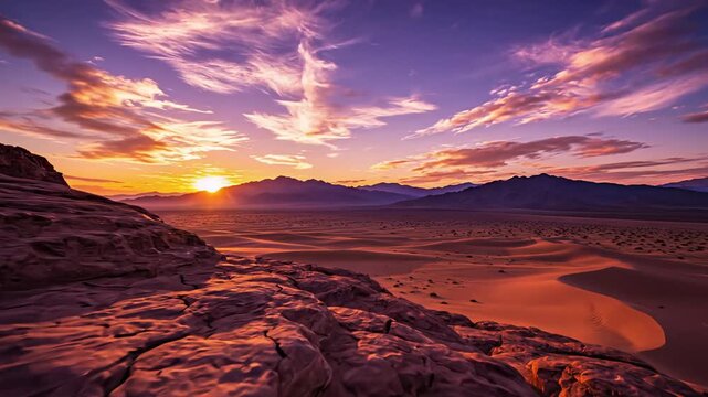 Dramatic sunset landscape over dry desert valley with cracked earth texture and colorful purple clouds in sky nature