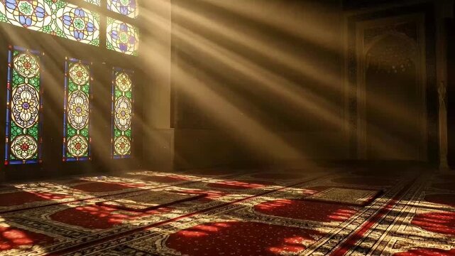 Sunlight streams dramatically through intricately designed stained-glass windows, illuminating dust motes dancing in the air of a grand, empty interior. Ornate red carpets with traditional patterns co