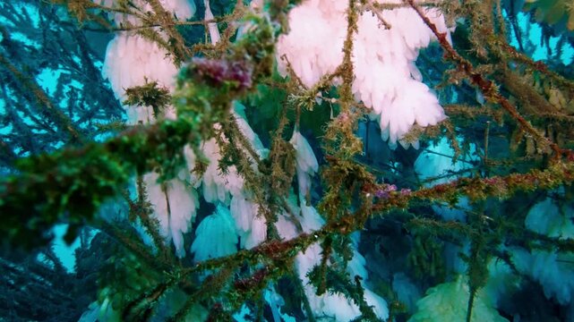 Relaxing underwater view of white bigfin reef squid eggs in a protective bamboo nest for sustainable biodiversity