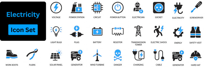 Electricity icon set contains charge, battery, energy, electricity, charger, recharge, electric car and charging station icons. Solid vector icon