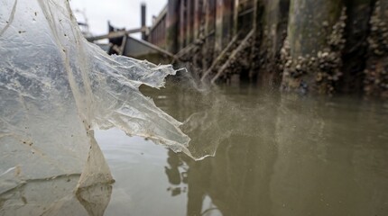 Plastic debris in water near wooden pilings environmental pollution concept