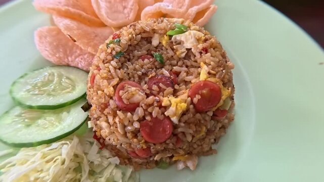 Traditional Nasi Goreng Close-Up Shot Featuring Sliced Sausages and Crispy Kerupuk.