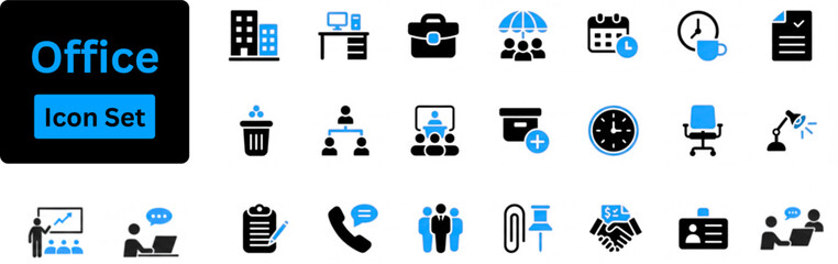 Office icon set featuring office building, briefcase, desk, computer, meeting, team, employee, schedule and co-worker symbol. Solid vector icon set. 