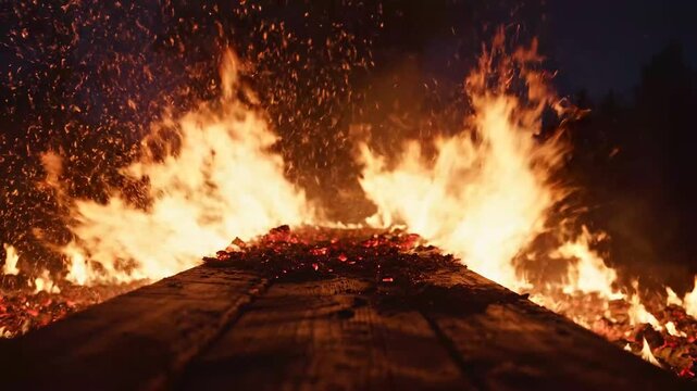 Fiery wooden bridge burning with intense flames and flying sparks at night