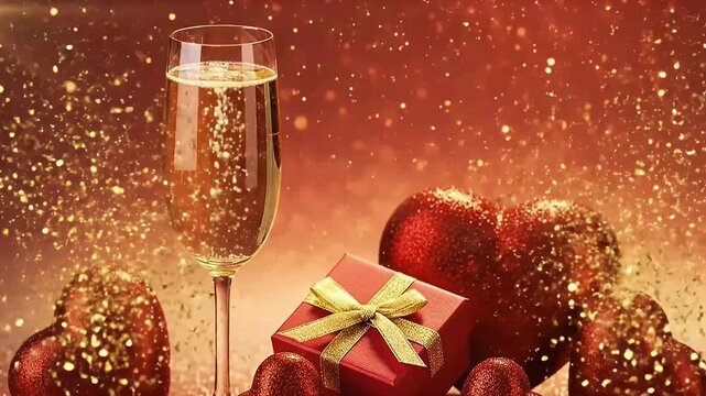 This elegant and festive video captures a sparkling golden beverage in a slender flute, surrounded by radiant red glitter hearts and a beautifully wrapped red gift box with a golden ribbon. Golden par
