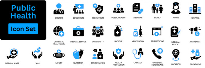 Public Health icon set. Public Health Icon Variants. Logo of Public health: community health care icon. harmonious logo variations of the same emblematic. Solid icon set. 