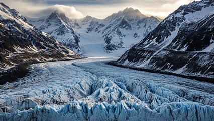 Majestic Glacier Valley in Alaska with SnowCapped Mountains and Icy Landscape.