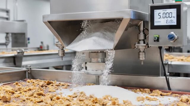Medium shot of a gravimetric dosing hopper measuring and adding exact amounts of salt and additives emphasizing weightbased precision for consistent product quality.