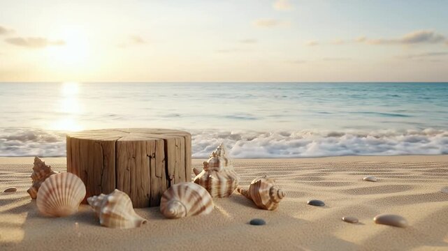 This tranquil close-up shot captures a collection of beautiful seashells and a rustic wooden display block resting peacefully on soft, sun-kissed sand at the edge of a serene tropical beach. The gentl