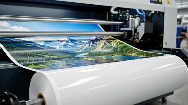 Large format printer creating a vibrant landscape image on a white roll