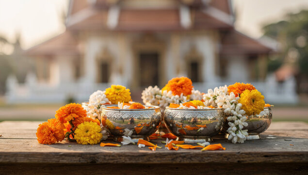 Lao New Year Offerings for Boun Pi Mai, Traditional Silver Bowls with Marigolds and Jasmine Flowers