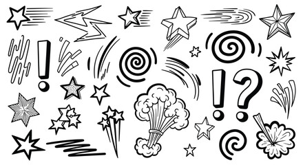 Hand drawn comic elements set with stars, swirls, and exclamation marks. © Muginandaru