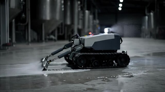 Medium shot of a compact robotic floor rover performing automated CIP cleaning spraying sanitizing solution on industrial floors with precise nocturnal operation.
