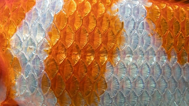 Closeup of orange koi fish scales texture. Abstract natural pattern revealing aquatic fauna detail. Pond life exploration and wildlife background concept.