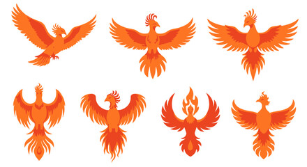 Set of orange phoenix silhouettes in various poses and flying positions